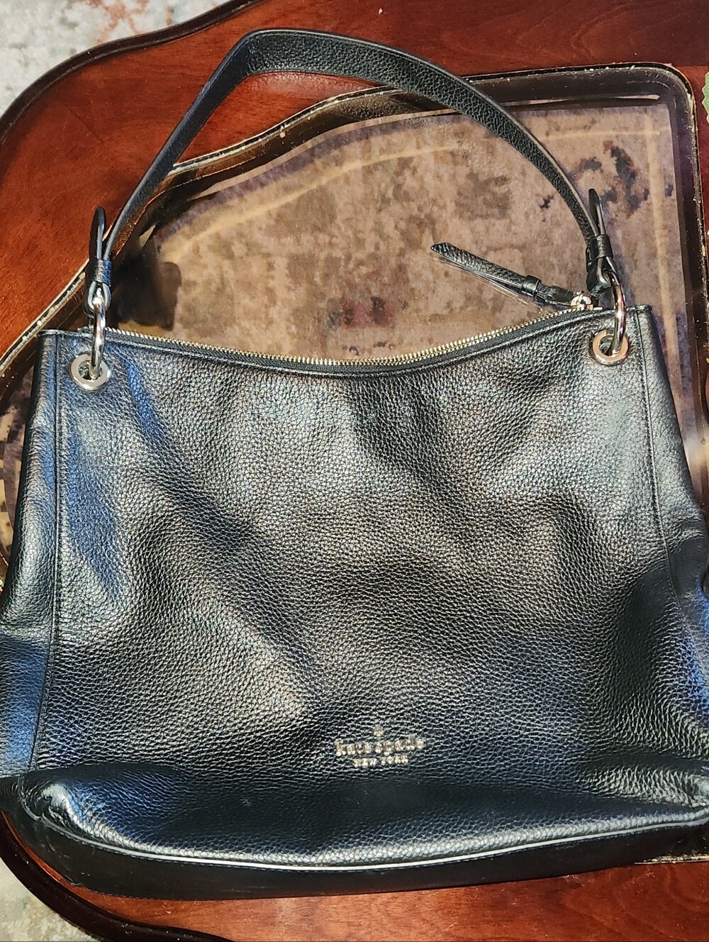 kate spade Black Pebbled Leather Shoulder Bag with Silver Hardware
